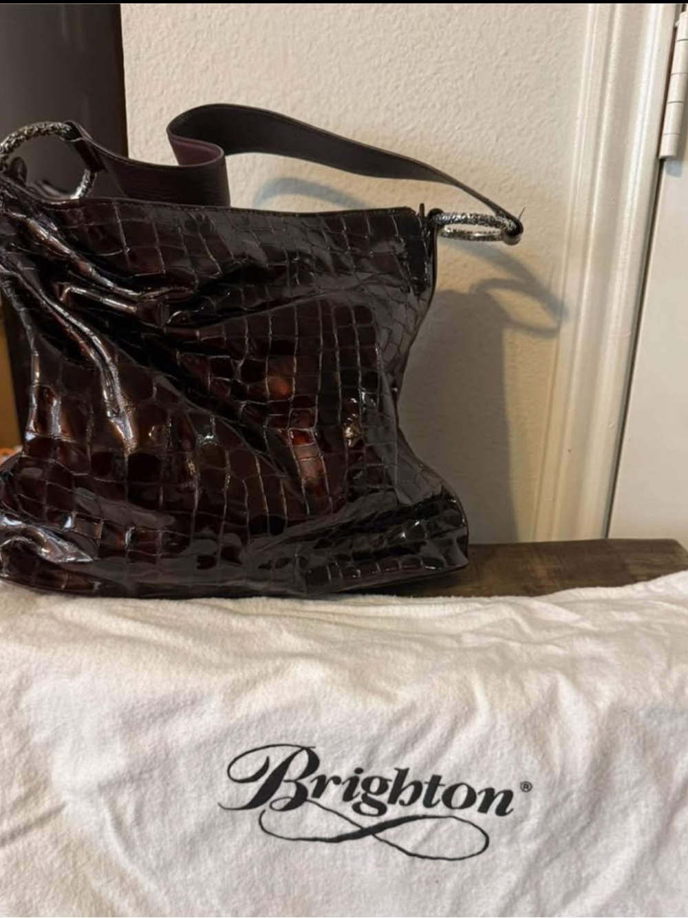 Brighton Glossy Croc-Embossed Shoulder Bag in Dark Brown